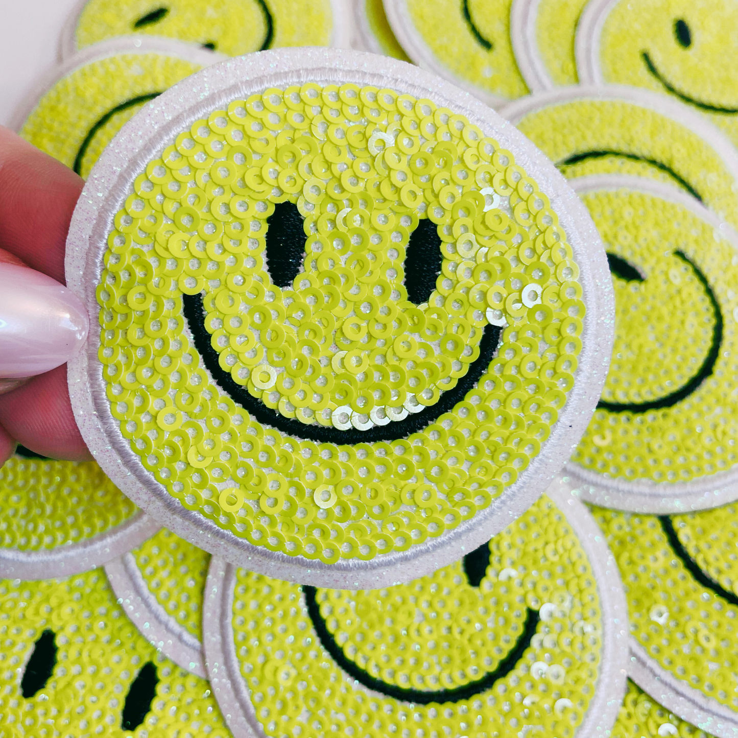 NEON Sequin Smiley Face Patch - 2.5" x 2.5" - hat Patch: NEON PINK