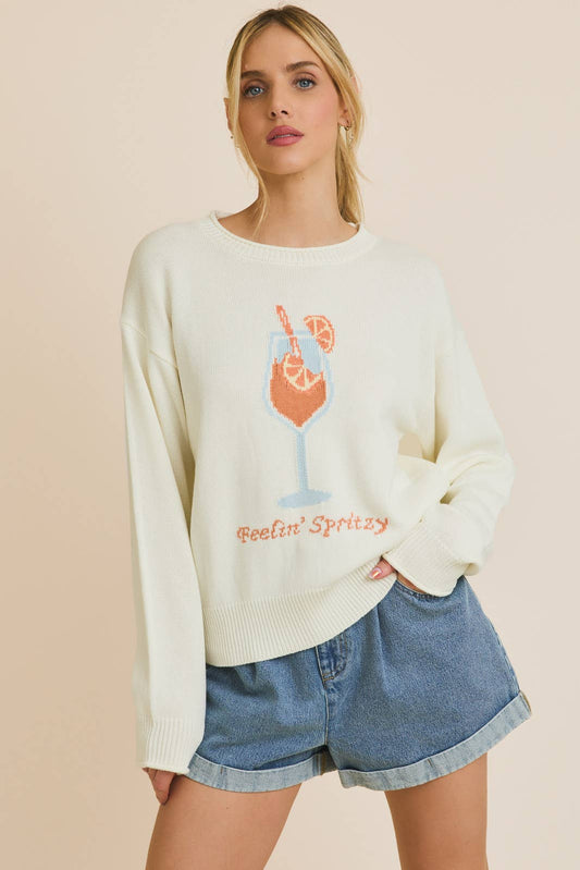 ROUND NECK LONG SLEEVE "COCKTAIL" LIGHT WEIGHT SWEATER: WHITE-MULTI / M