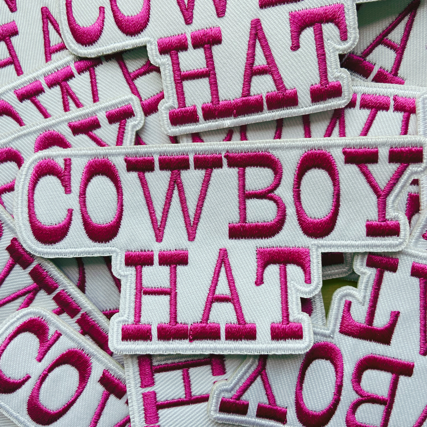 4” COWBOY HAT in White & Pink - Embroidered Hat Patch: QTY 1