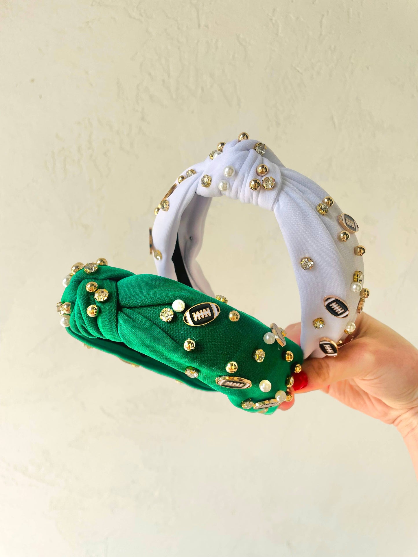 Pearl & Football Rhinestone Embellished Knot Top Headbands : Red