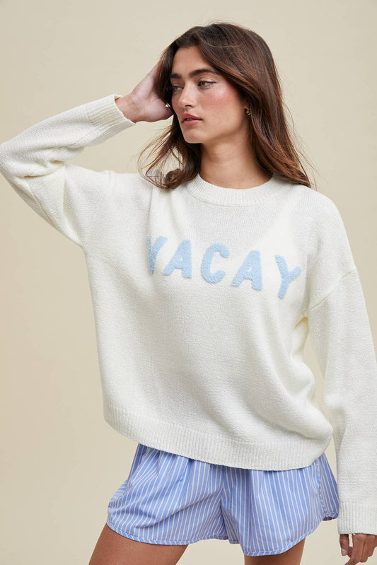 'VACAY' CHENILLE PATCH SWEATER TOP / WL24-9897: BALLET/TEAL / M