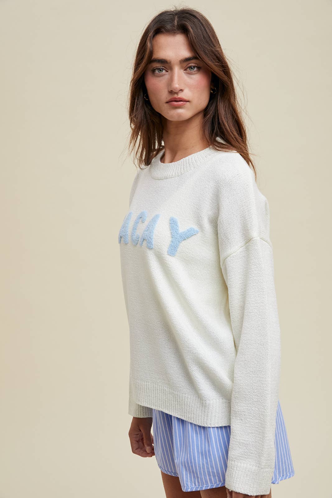 'VACAY' CHENILLE PATCH SWEATER TOP / WL24-9897: BALLET/TEAL / M