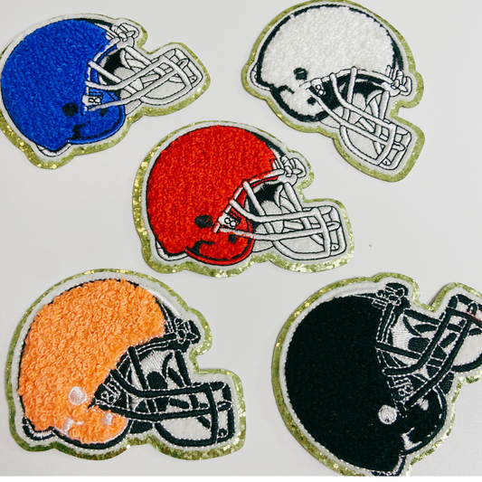3" x 2.5" Football Helmet chenille hat patch - in Red, Blue, Black, White, Dark Green, Gold & Orange: BLUE