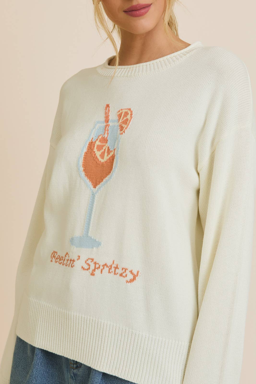 ROUND NECK LONG SLEEVE "COCKTAIL" LIGHT WEIGHT SWEATER: WHITE-MULTI / M