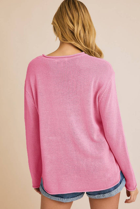 ROUND NECK LONG SLEEVE "BEACH" LIGHT WEIGHT SWEATER: PINK-WHITE / M