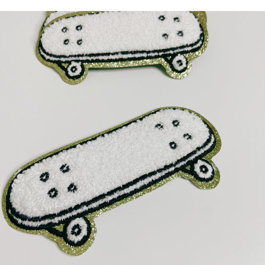 4inch Skateboard chenille hat patch - in white: WHITE - 4" Chenille Patch