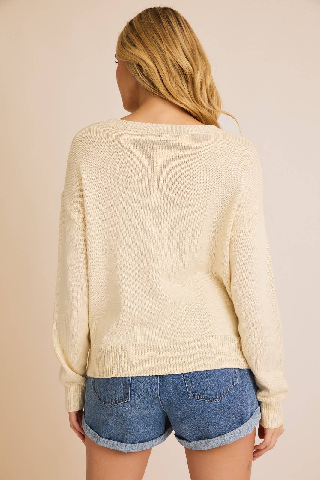 ROUND NECK LONG SLEEVE "SALTY VIBES" LIGHT WEIGHT SWEATER: CREAM-LT GREEN / M