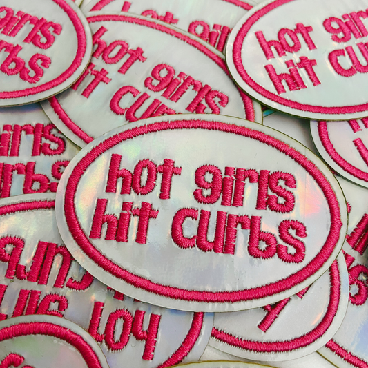 2.5" Hot Girls Hit Curbs PINK & SILVER - Embroidered Hat Patch: Embroidered Patch
