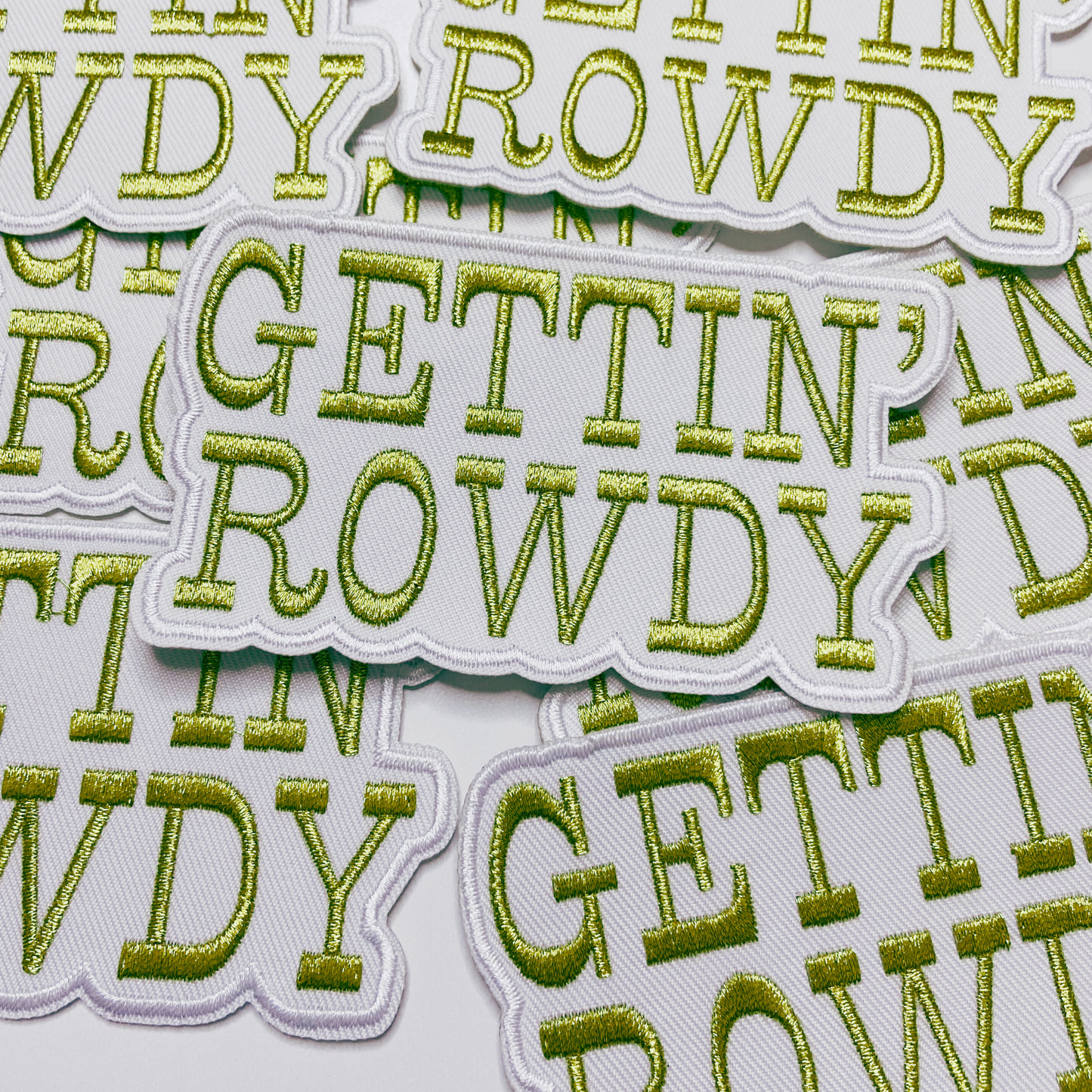 3.5" GETTIN' ROWDY - WHITE & Gold Metallic - Embroidered Hat Patch: QTY 1