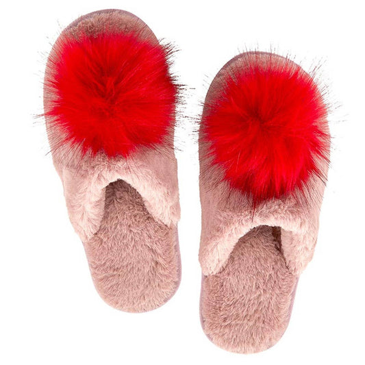 Plush Slippers - Blush with Red Pom Pom: Small