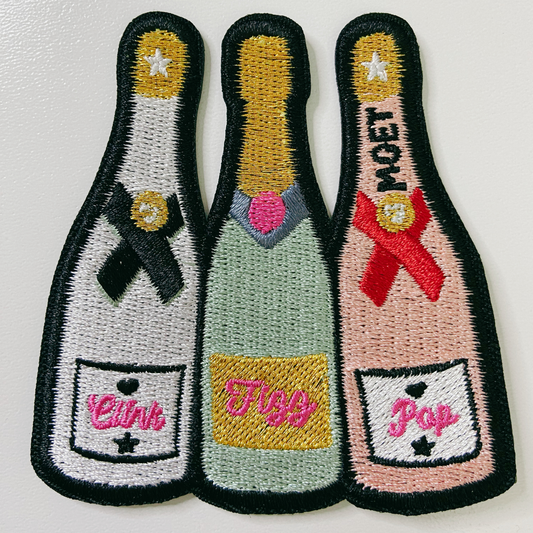 3" Clink, Fizz, Pop Champagne w Metallic Gold - Embroidered Hat Patch: QTY 1