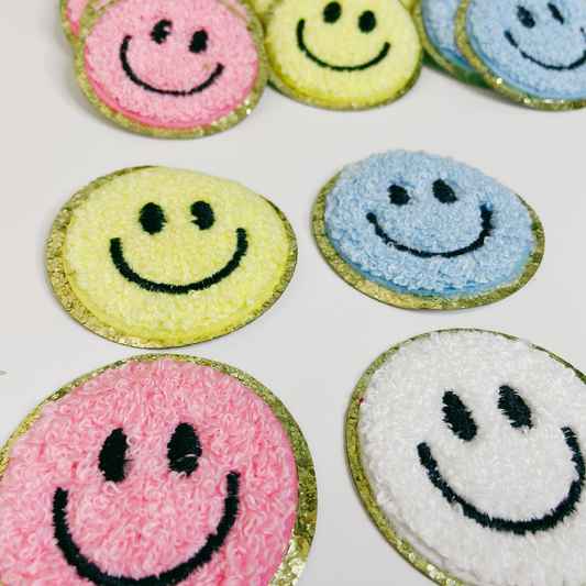 2in Smiley Face chenille hat patch - in Pink, Yellow, Blue or White: BLUE - 2" Chenille Patch