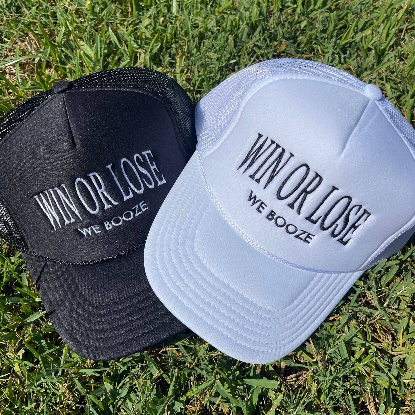 Win or Lose We Booze Trucker Hat: White