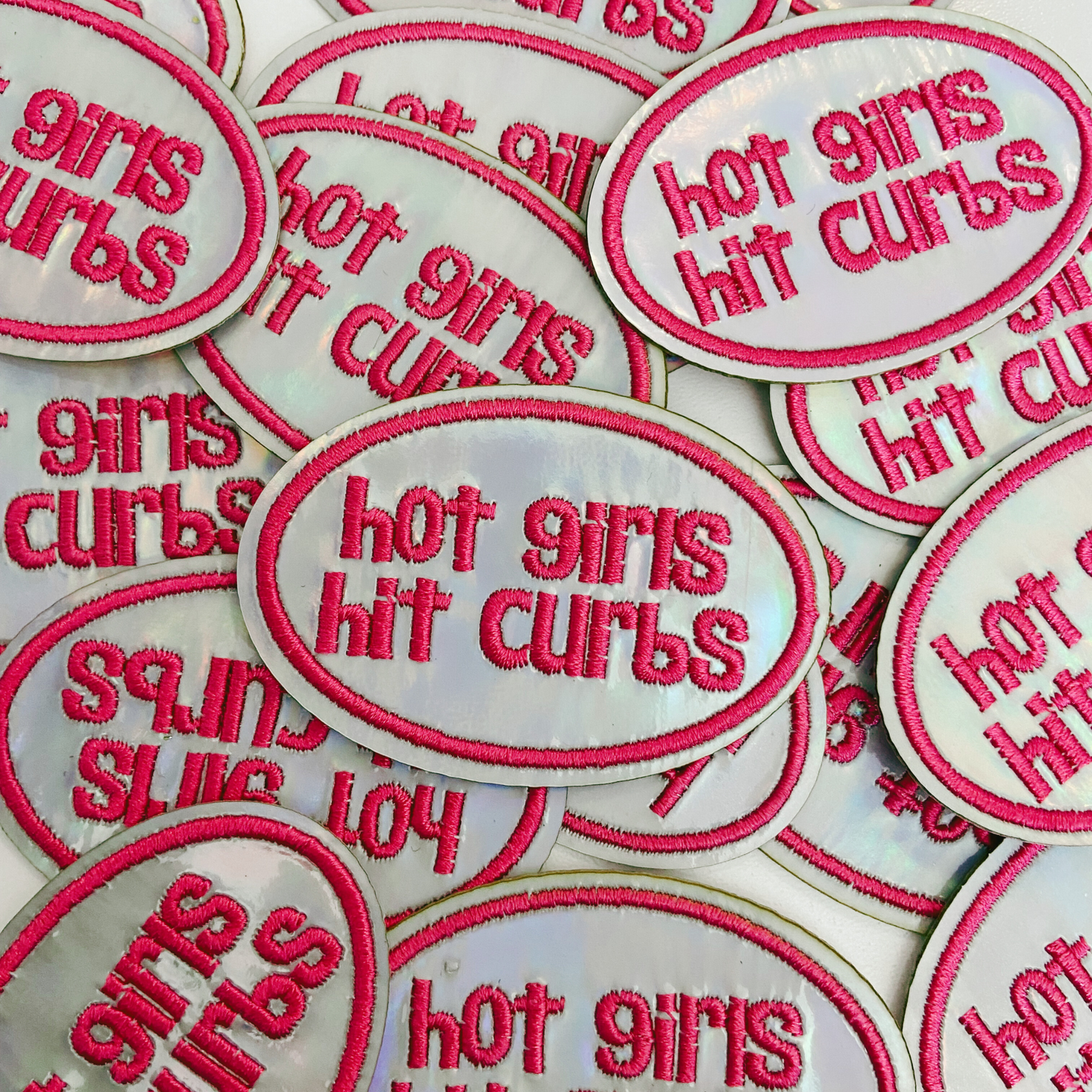 2.5" Hot Girls Hit Curbs PINK & SILVER - Embroidered Hat Patch: Embroidered Patch