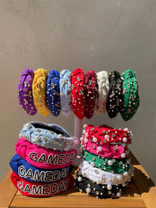 Pearl & Football Rhinestone Embellished Knot Top Headbands : New Light Blue