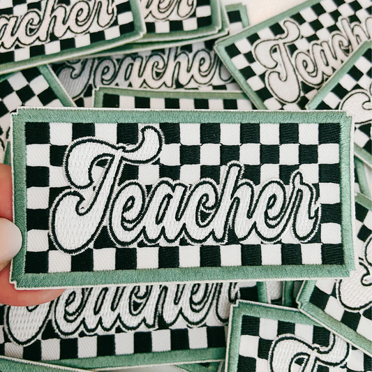 4" Checkered TEACHER - Embroidered Hat Patch: 4" Embroidered Patch