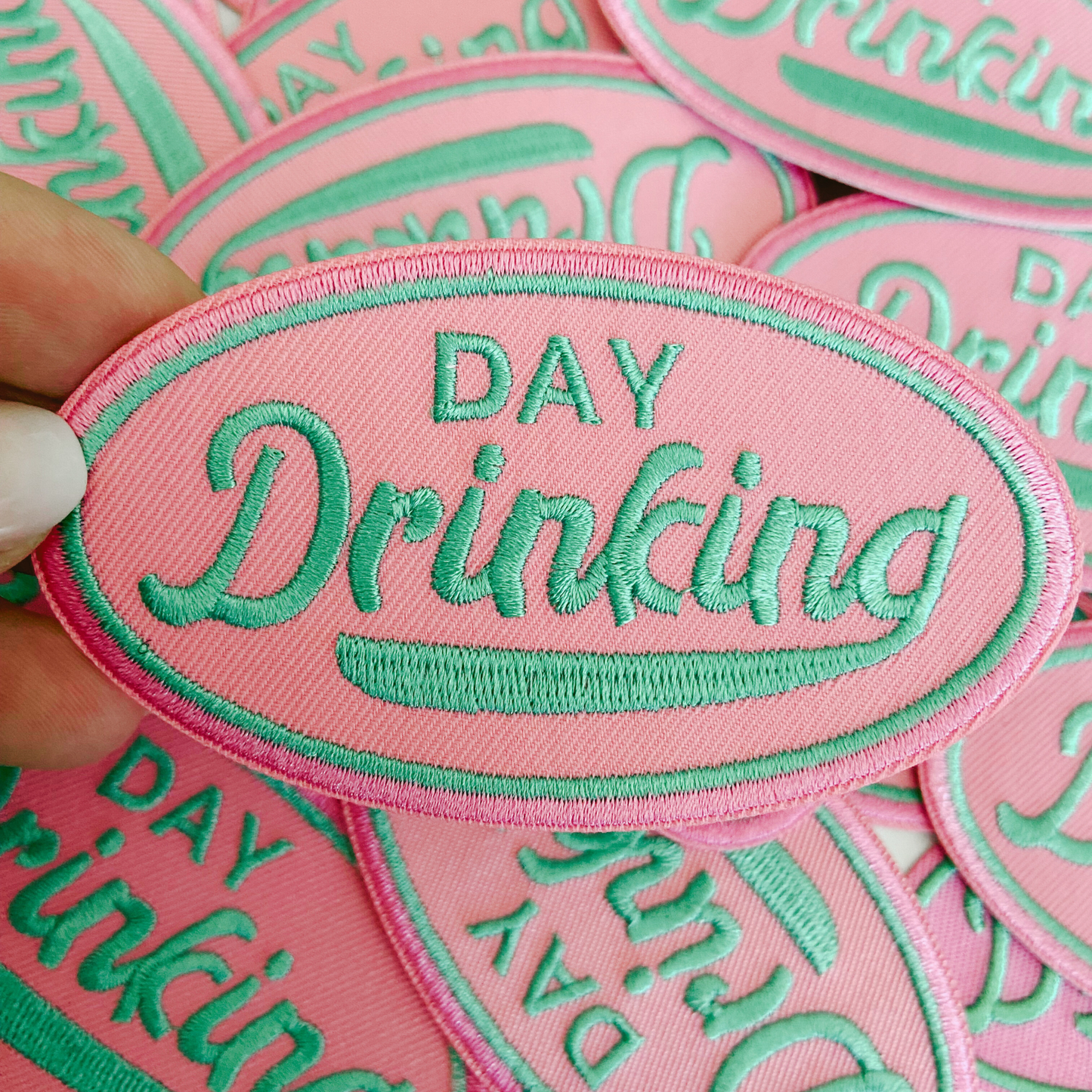 4" Day Drinking in Pink and Teal - Embroidered Hat Patch (Version 2): QTY 1