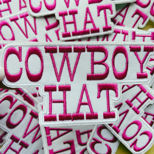 4” COWBOY HAT in White & Pink - Embroidered Hat Patch: QTY 1