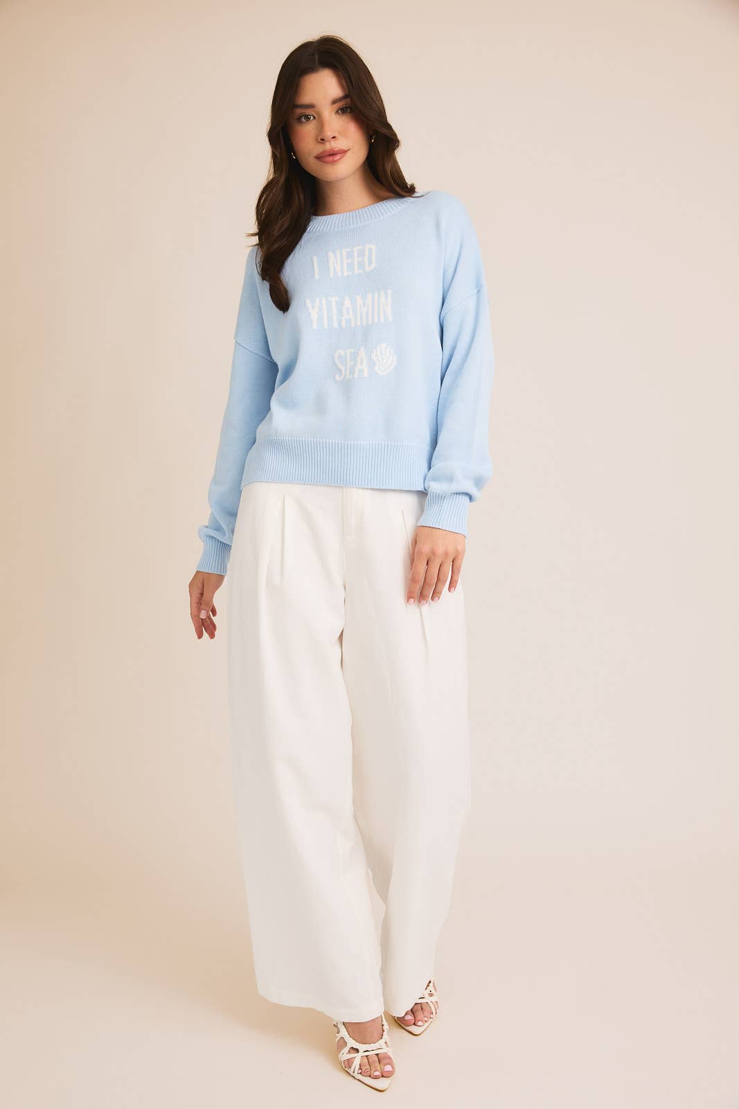LONG SLEEVE SLOUCHY "I NEED VITAMIN SEA" LT WEIGHT SWEATER: BABY BLUE / L