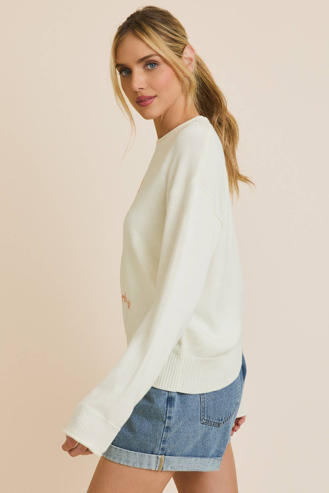 ROUND NECK LONG SLEEVE "COCKTAIL" LIGHT WEIGHT SWEATER: WHITE-MULTI / M