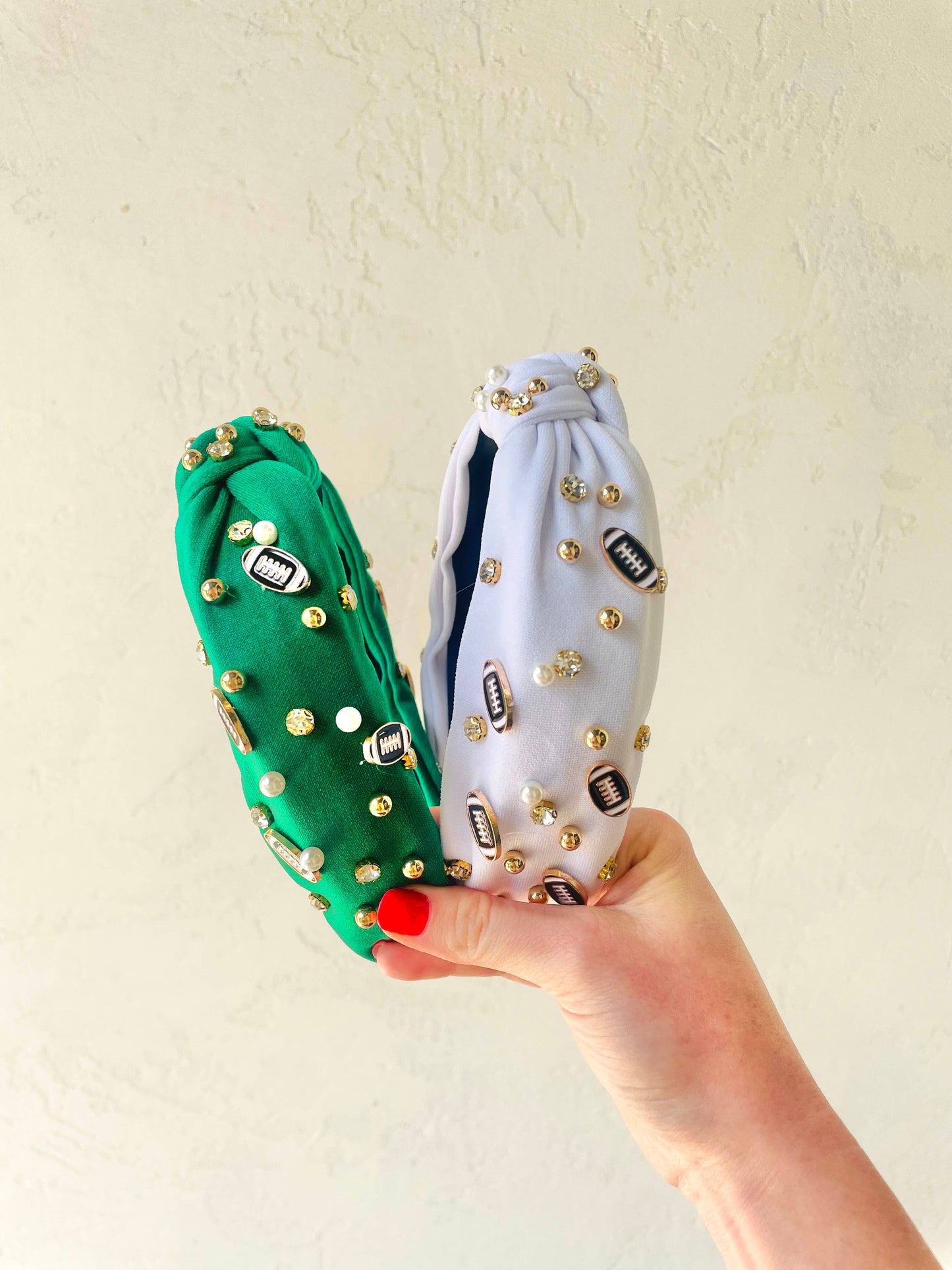 Pearl & Football Rhinestone Embellished Knot Top Headbands : Red