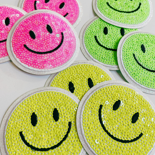 NEON Sequin Smiley Face Patch - 2.5" x 2.5" - hat Patch: NEON PINK