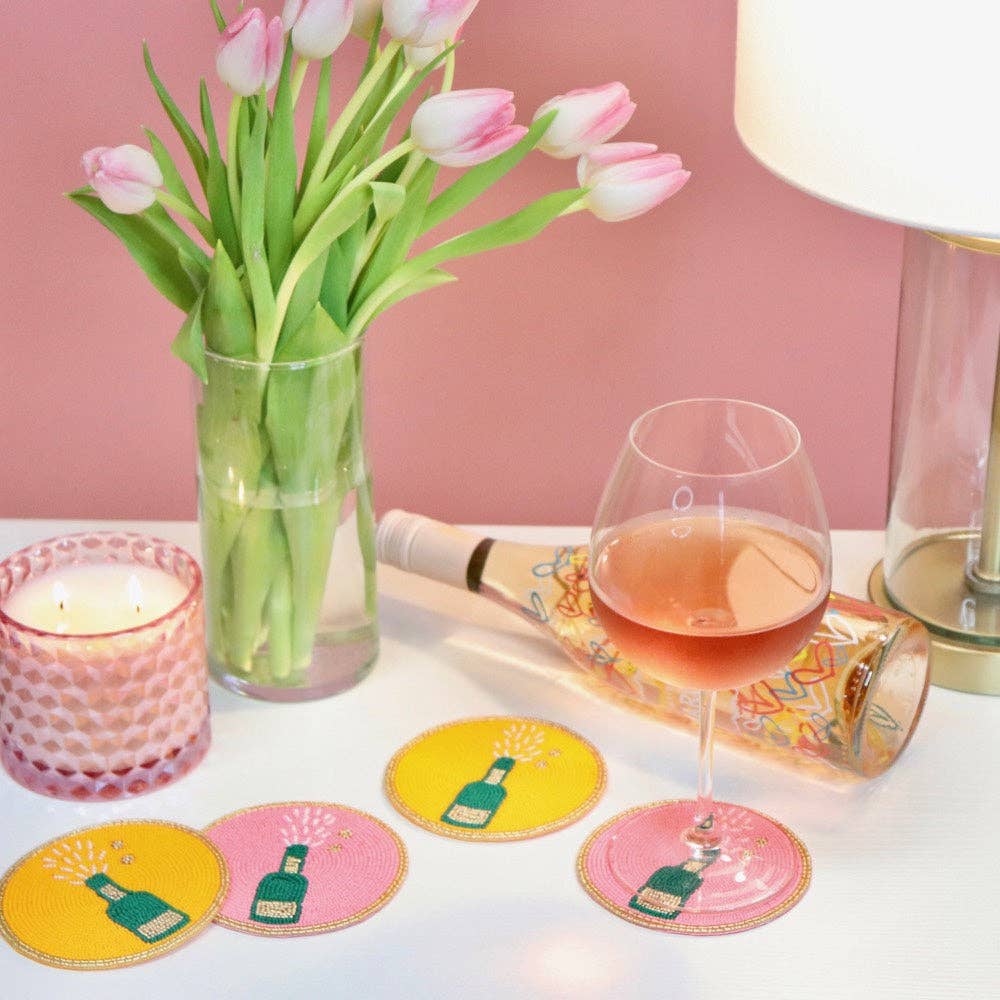 Pop the Champagne Bottle Beaded Coaster: Orange