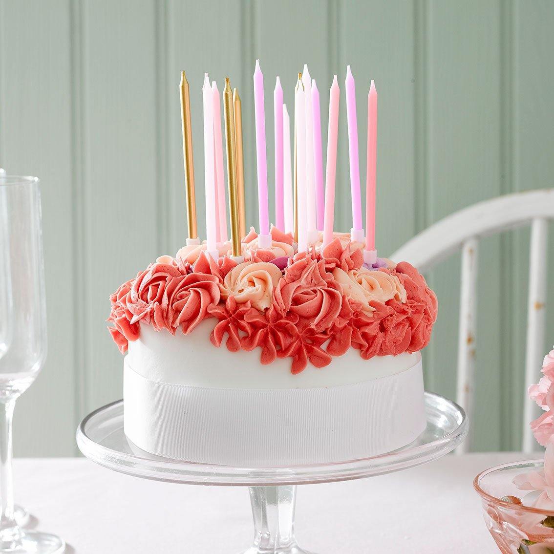 Rose Pink & Gold Birthday Candles - 16 Pack