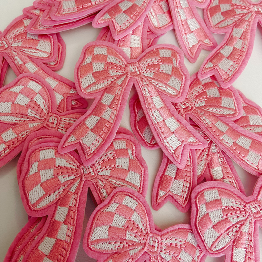 2" Checkered PINK Bow - Embroidered Hat Patch: Embroidered Patch