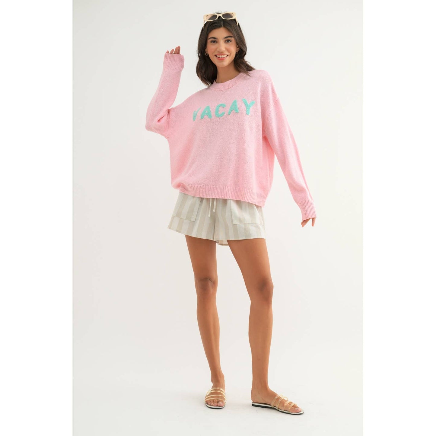 'VACAY' CHENILLE PATCH SWEATER TOP / WL24-9897: BALLET/TEAL / M