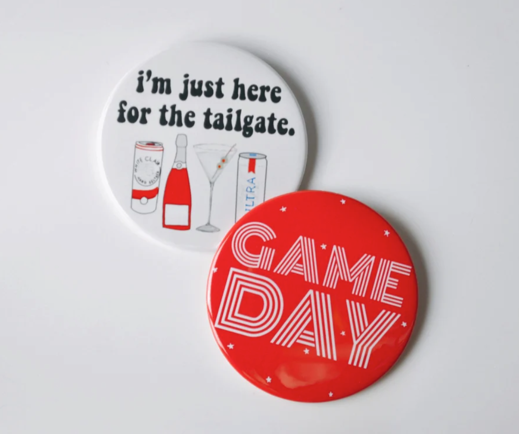 Red Game Day Tailgate Buttons | Game Day Pins: I'M JUST HERE FOR THE TAILGATE