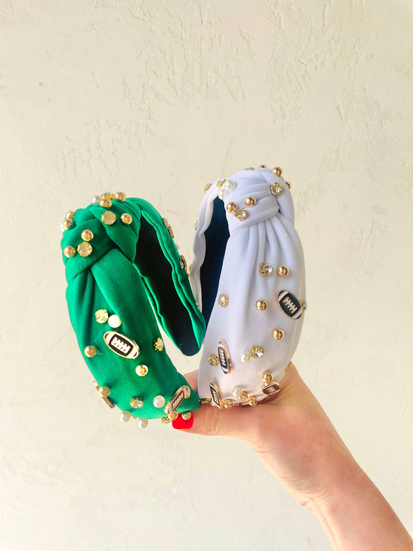 Pearl & Football Rhinestone Embellished Knot Top Headbands : Red