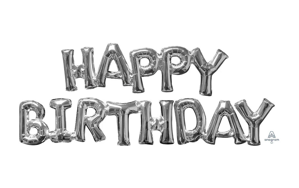 44 Inch Happy Birthday Phrase Silver Foil Balloons