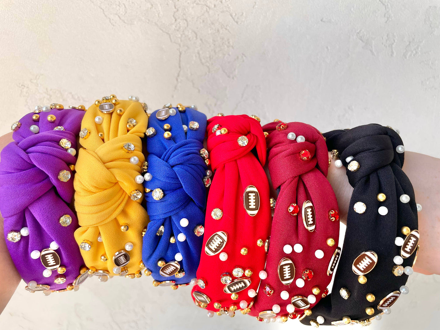 Pearl & Football Rhinestone Embellished Knot Top Headbands : Red