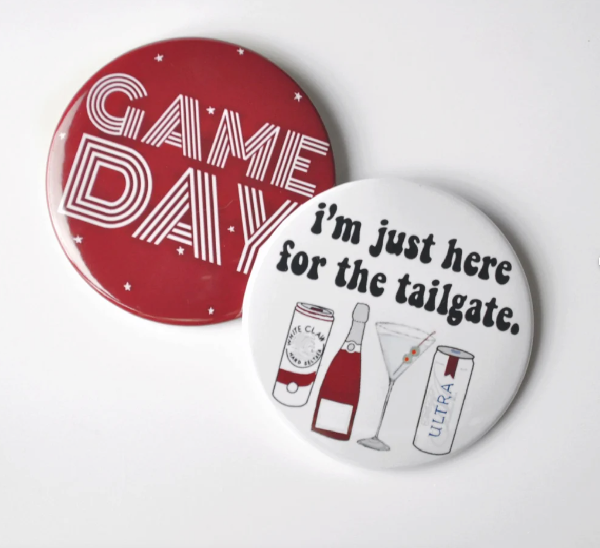 Maroon Game Day Tailgate Buttons | Game Day Pins: I'M JUST HERE FOR THE TAILGATE