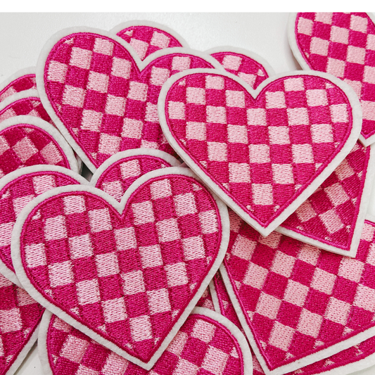 2.5” checkered pink heart - Embroidered Hat Patch: QTY 1