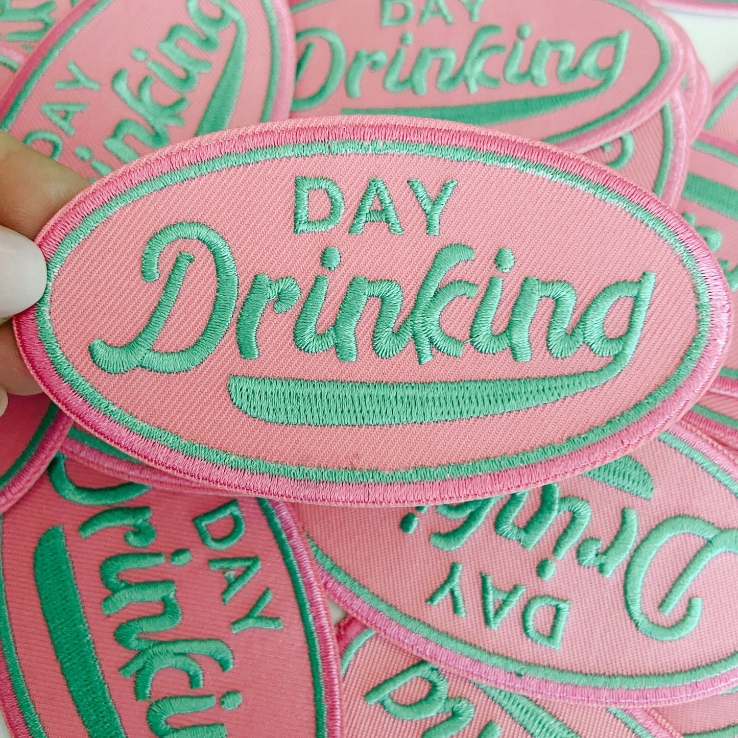 4" Day Drinking in Pink and Teal - Embroidered Hat Patch (Version 2): QTY 1
