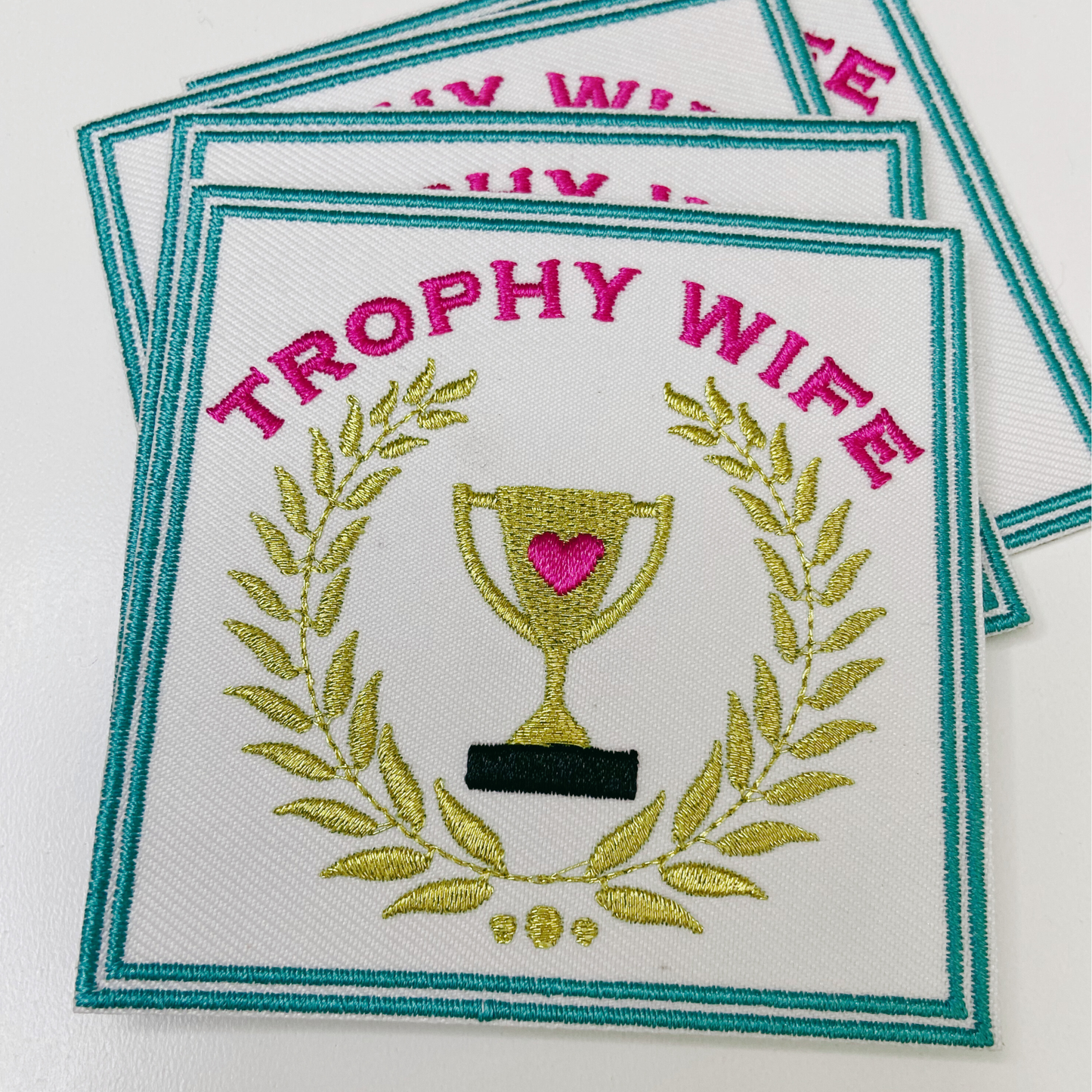 3" Trophy Wife with gold metallic detail - Embroidered Hat Patch: QTY 1