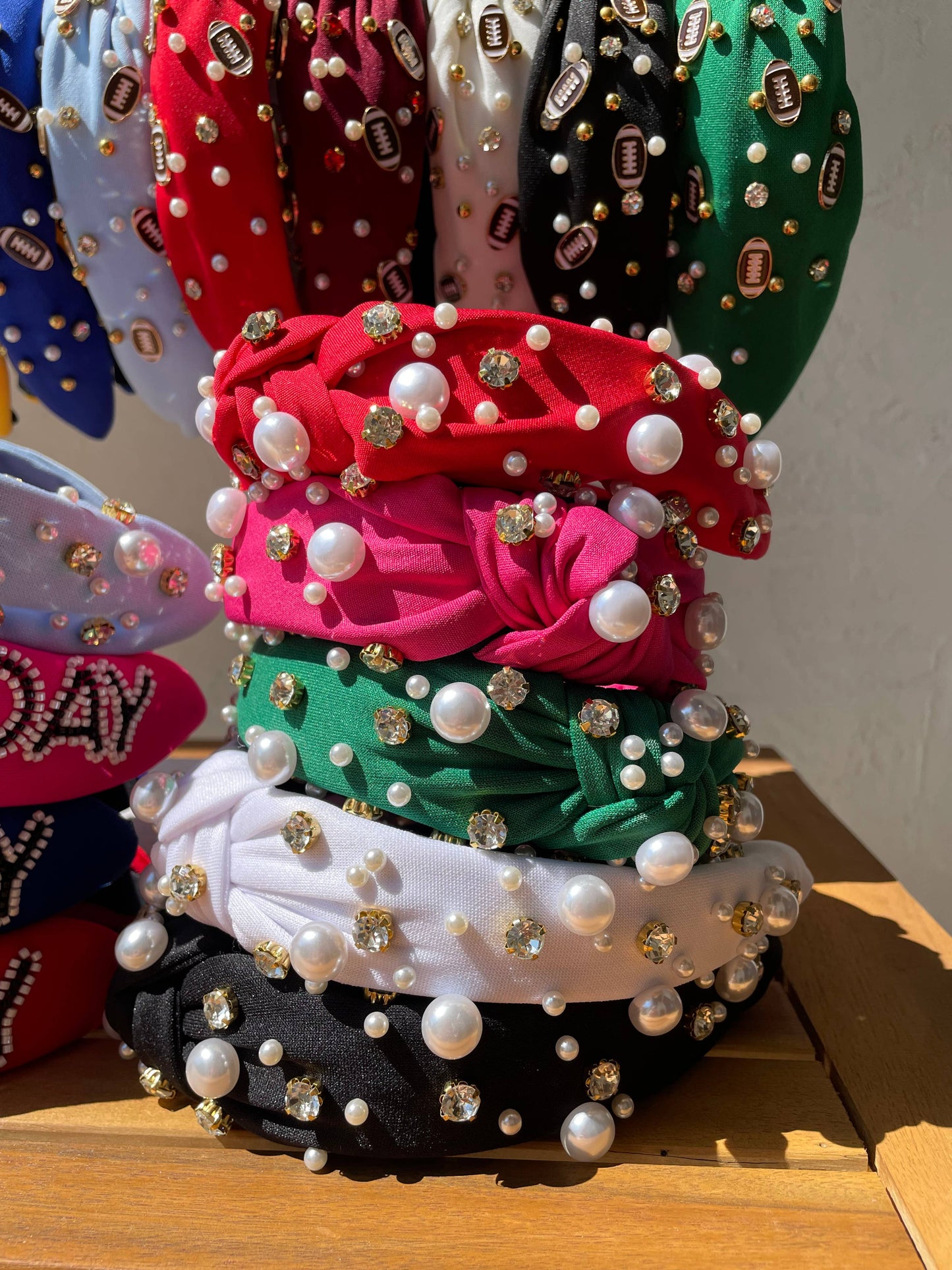 Pearl & Football Rhinestone Embellished Knot Top Headbands : New Light Blue