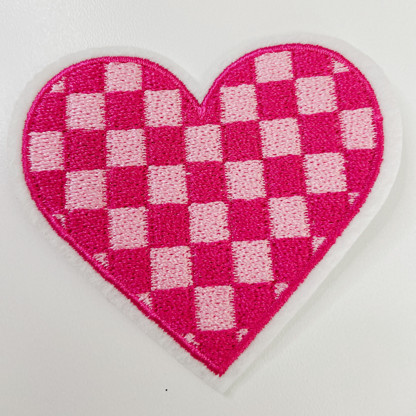 2.5” checkered pink heart - Embroidered Hat Patch: QTY 1