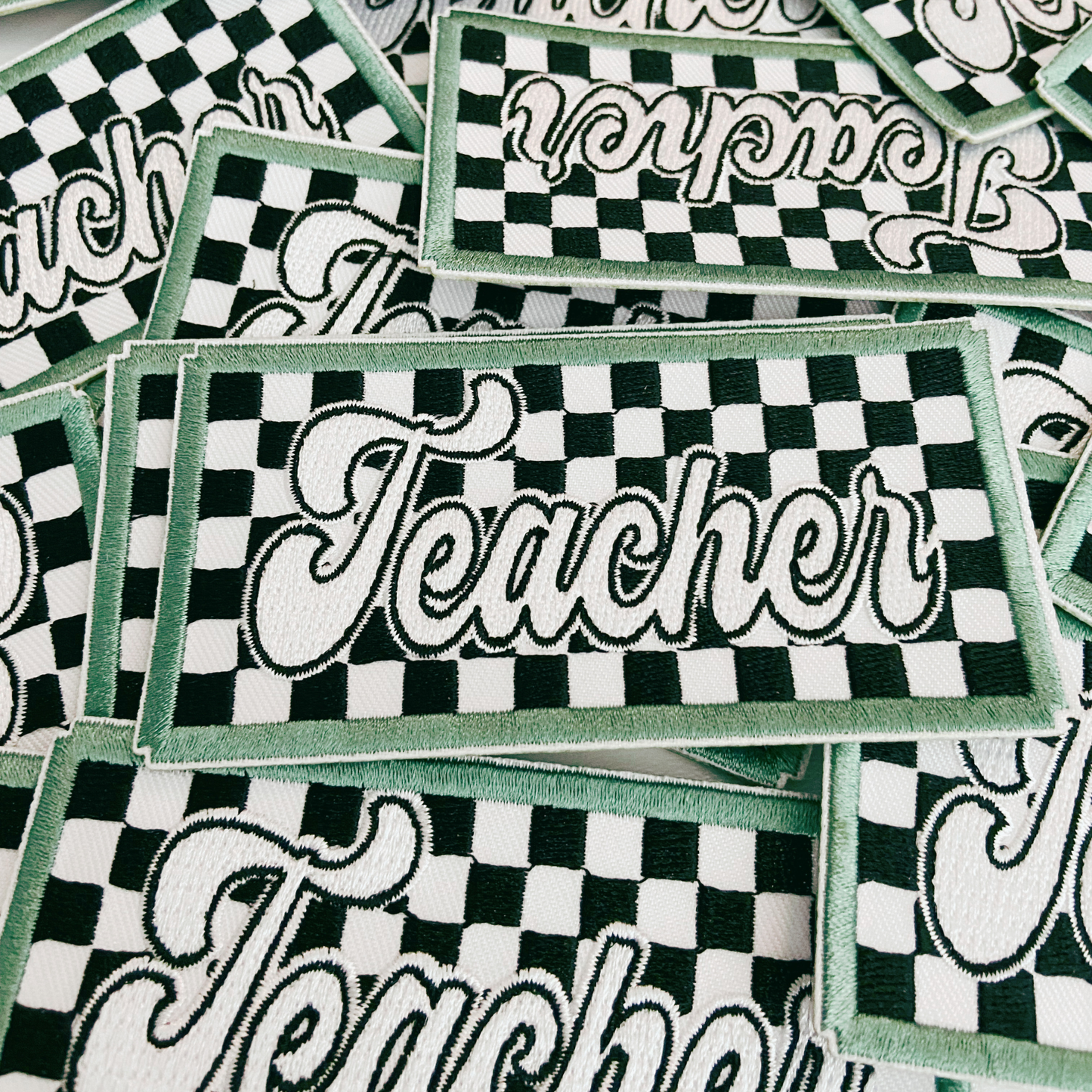 4" Checkered TEACHER - Embroidered Hat Patch: 4" Embroidered Patch