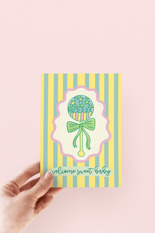Welcome Sweet Baby Colorful Rattle New Baby Greeting Card