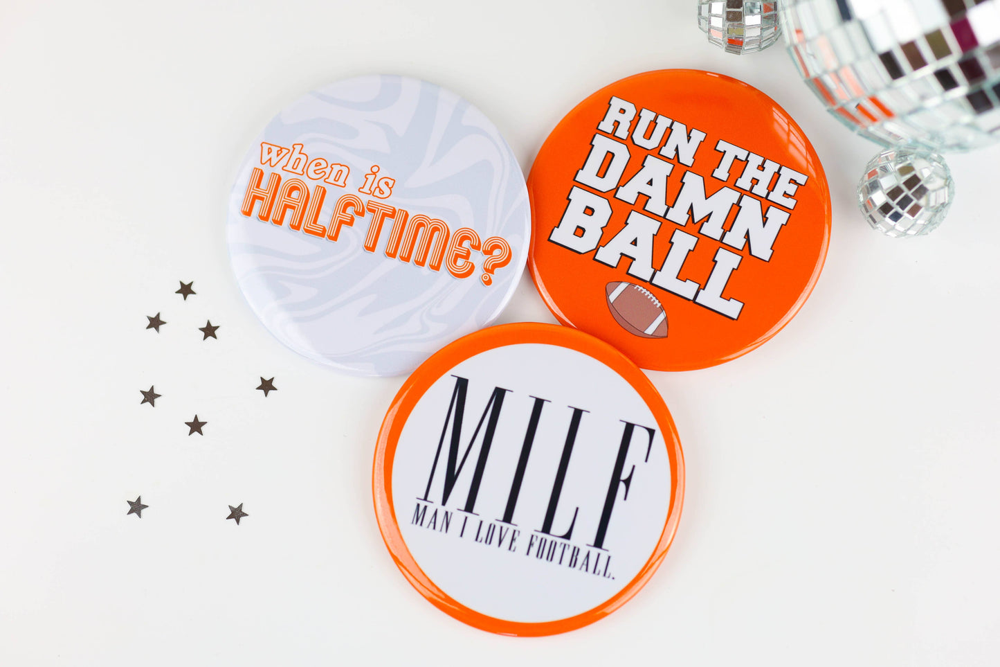 Orange Game Day Buttons | Game Day Pins: MILF - Man I Love Football - Orange