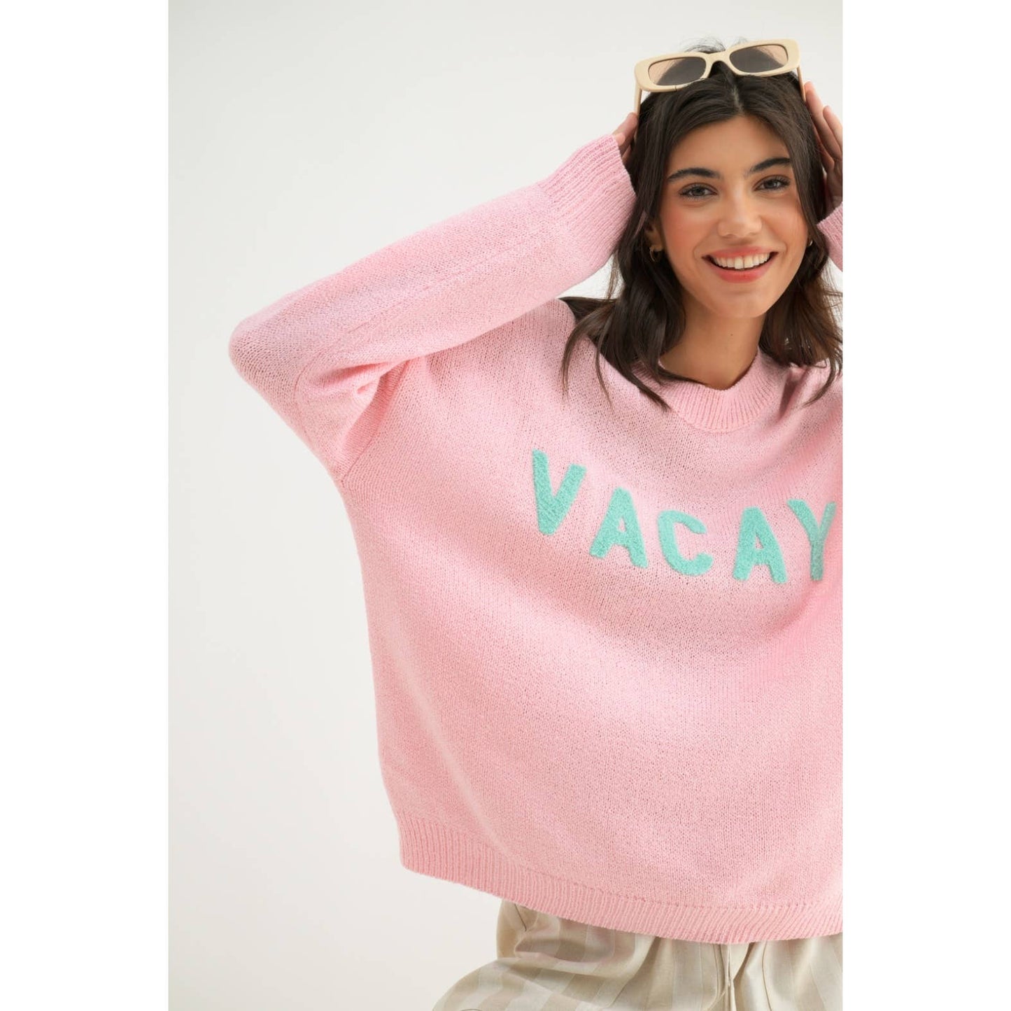 'VACAY' CHENILLE PATCH SWEATER TOP / WL24-9897: BALLET/TEAL / M