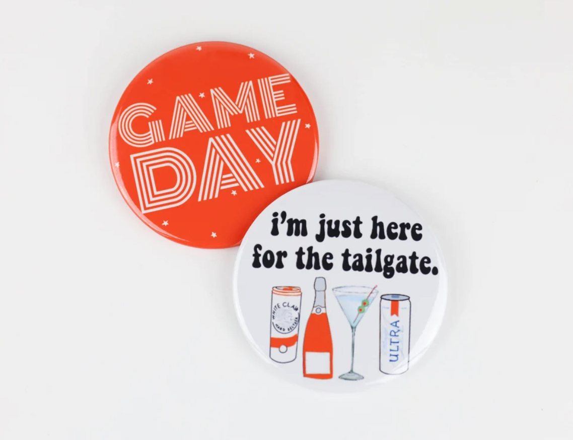 Orange Game Day Tailgate Buttons | Game Day Pins: I'M JUST HERE FOR THE TAILGATE
