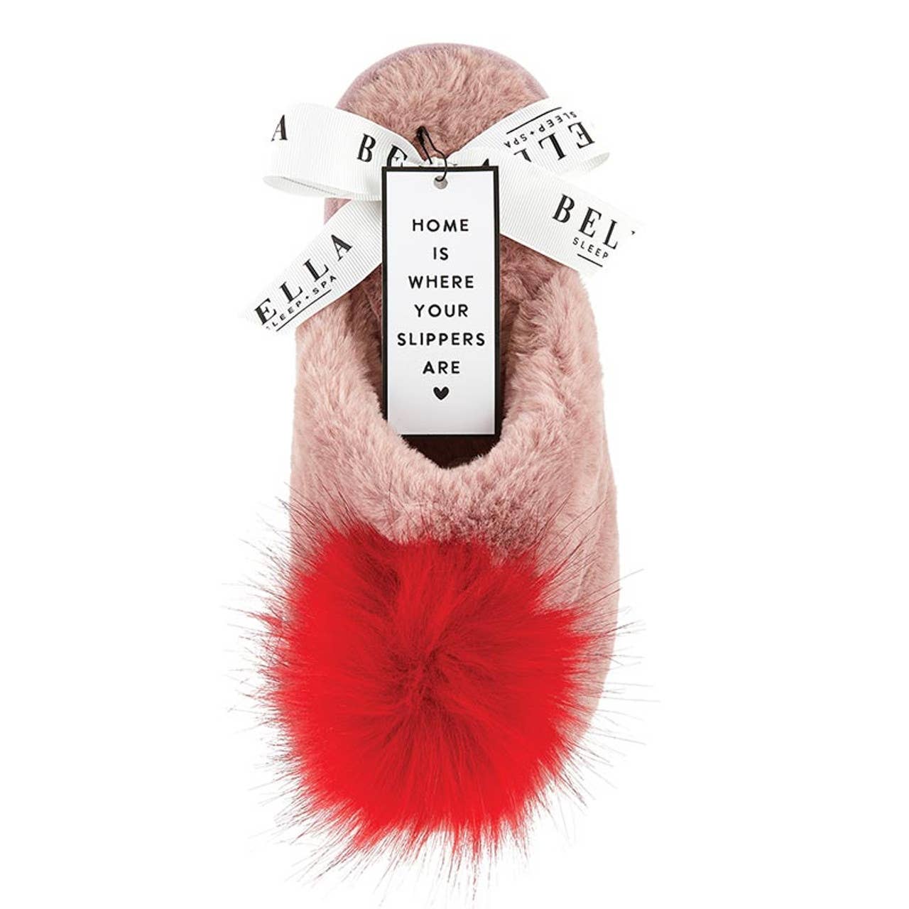 Plush Slippers - Blush with Red Pom Pom: Small