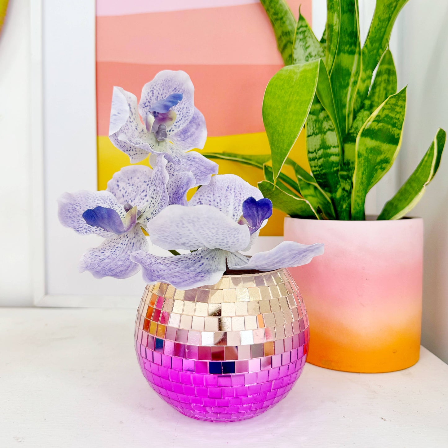 Gradient disco ball pen cup or planter - rose gold to pink