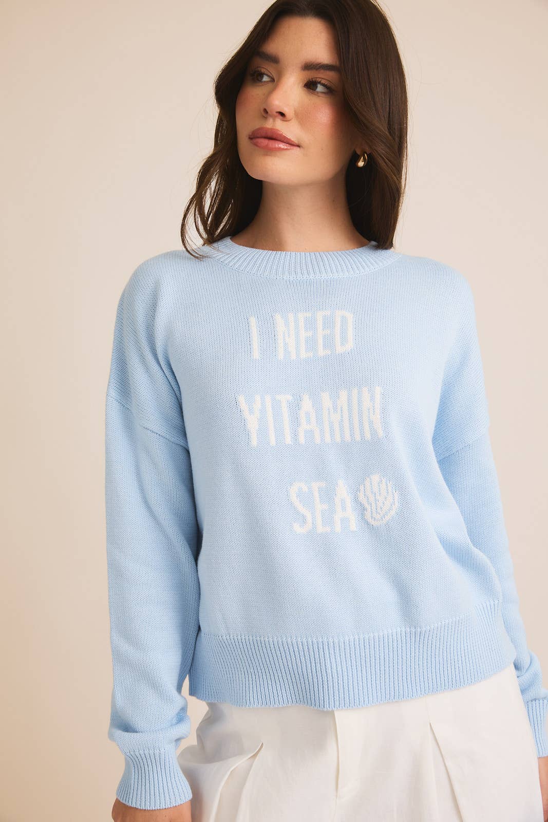 LONG SLEEVE SLOUCHY "I NEED VITAMIN SEA" LT WEIGHT SWEATER: BABY BLUE / L