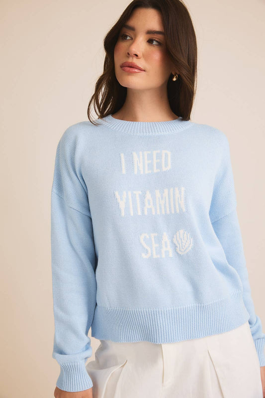LONG SLEEVE SLOUCHY "I NEED VITAMIN SEA" LT WEIGHT SWEATER: BABY BLUE / S