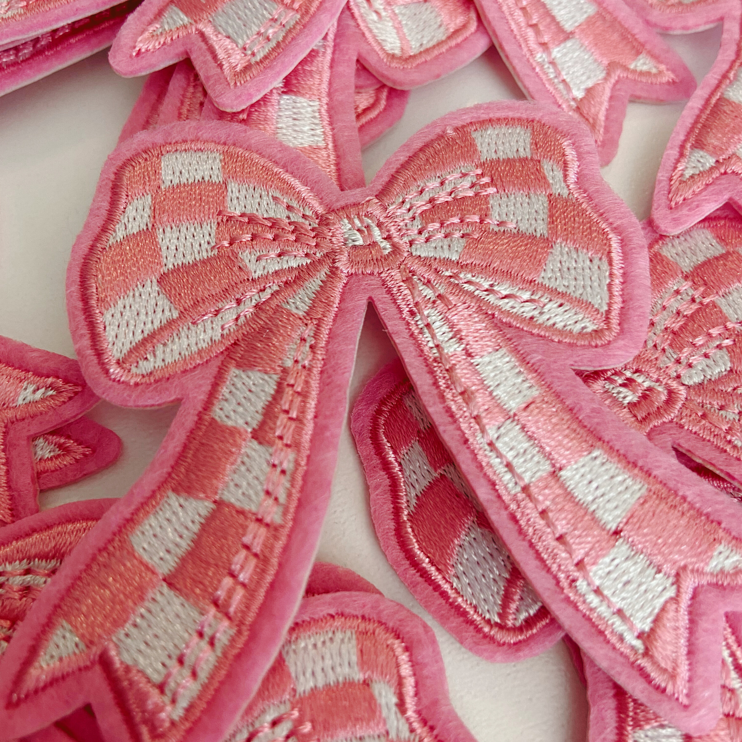 2" Checkered PINK Bow - Embroidered Hat Patch: Embroidered Patch